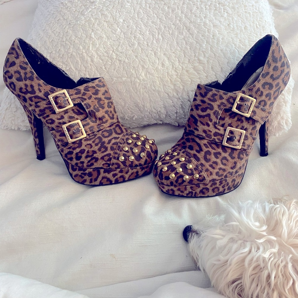 Guess Leopard/Cheetah Print Bootie Heels w/Gold Spikes